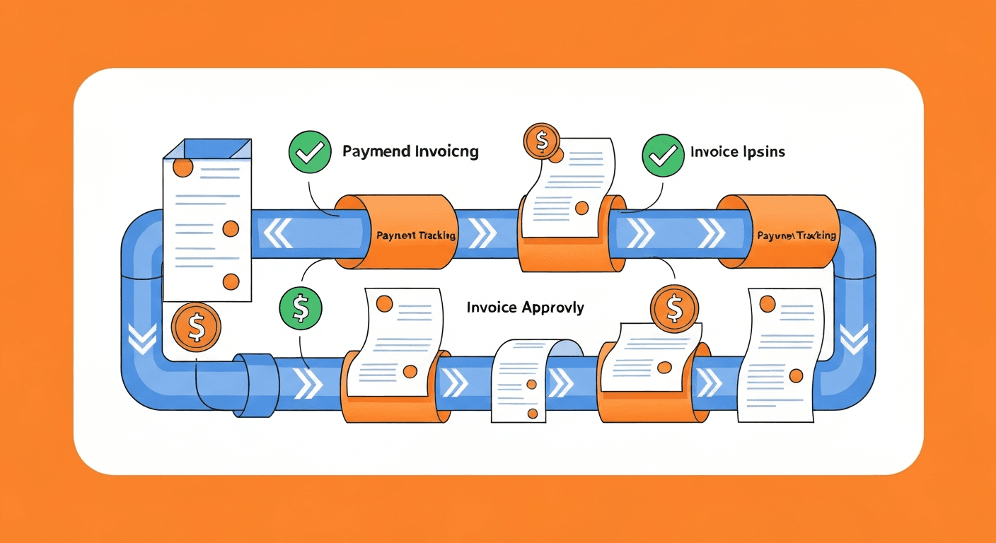 Flat modern illustration of an automated invoicing dashboard showing recurring invoices, payment status indicators, and cash flow charts