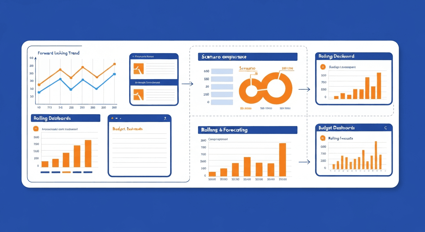 Flat modern illustration of a budgeting and forecasting dashboard with scenario comparison charts, trend lines, and automated variance alerts