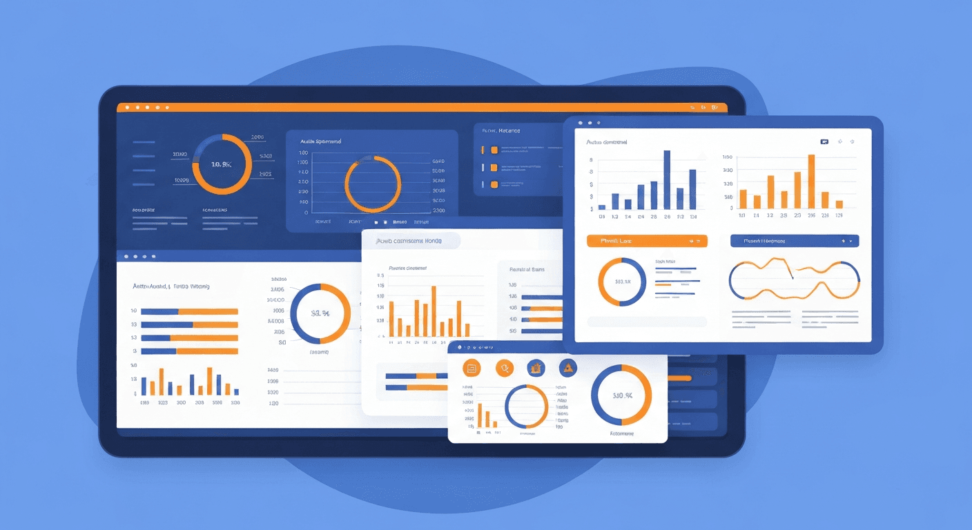 Flat modern illustration of a financial reporting dashboard with automated charts, profit and loss statements, and real-time KPI indicators