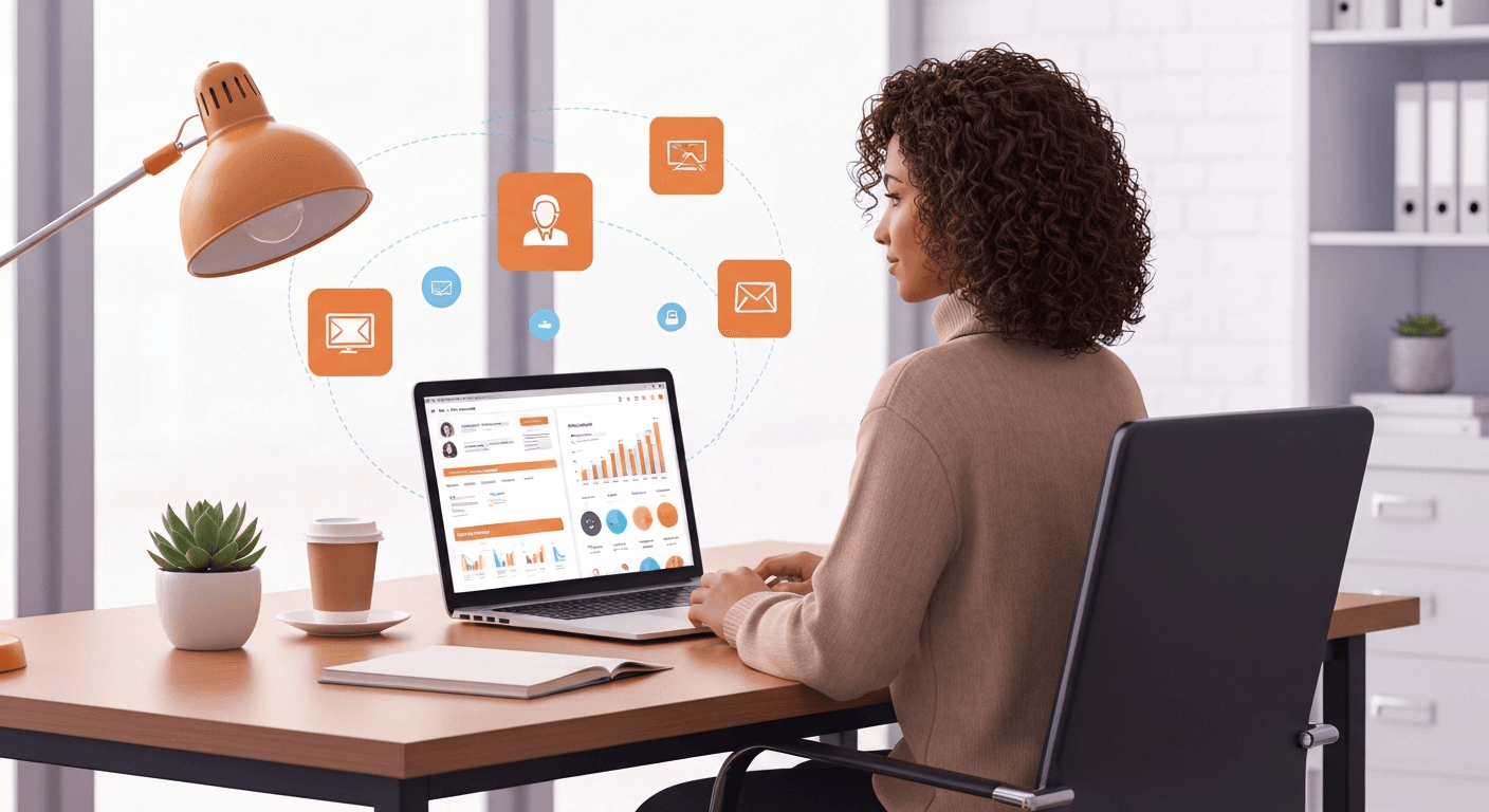 Small business owner reviewing automated marketing campaign results on a laptop