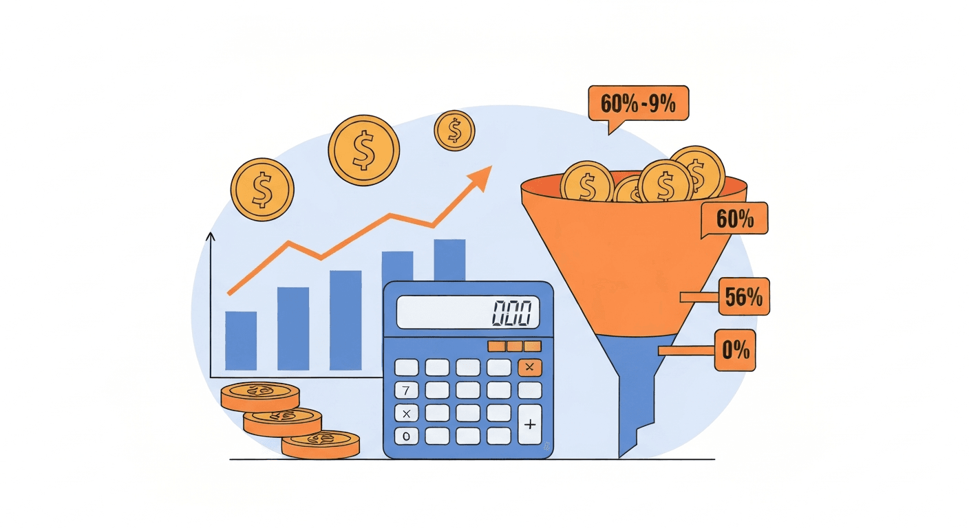 Flat modern illustration of a rising bar chart overlaid with gear icons and dollar signs representing marketing automation return on investment