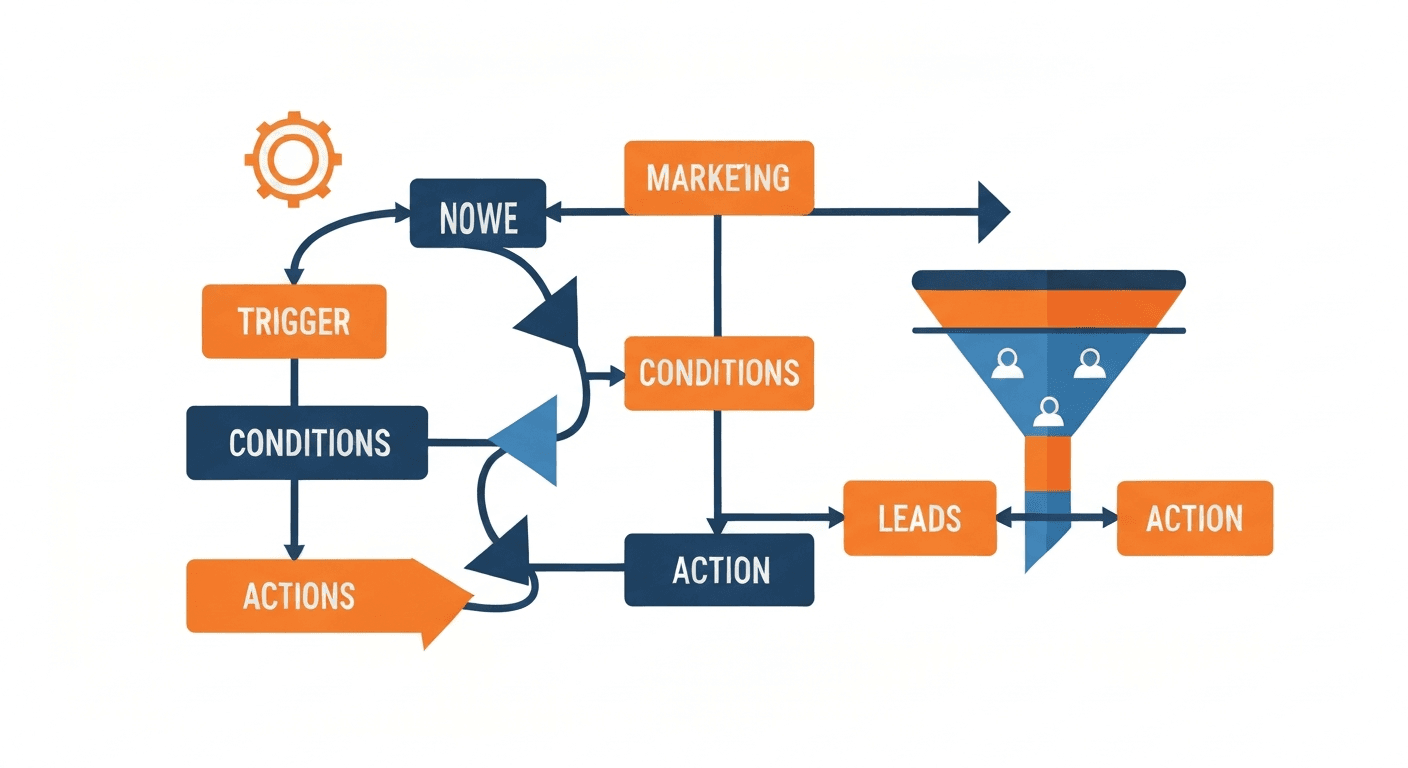 Visual diagram of a marketing automation workflow with triggers, conditions, and actions