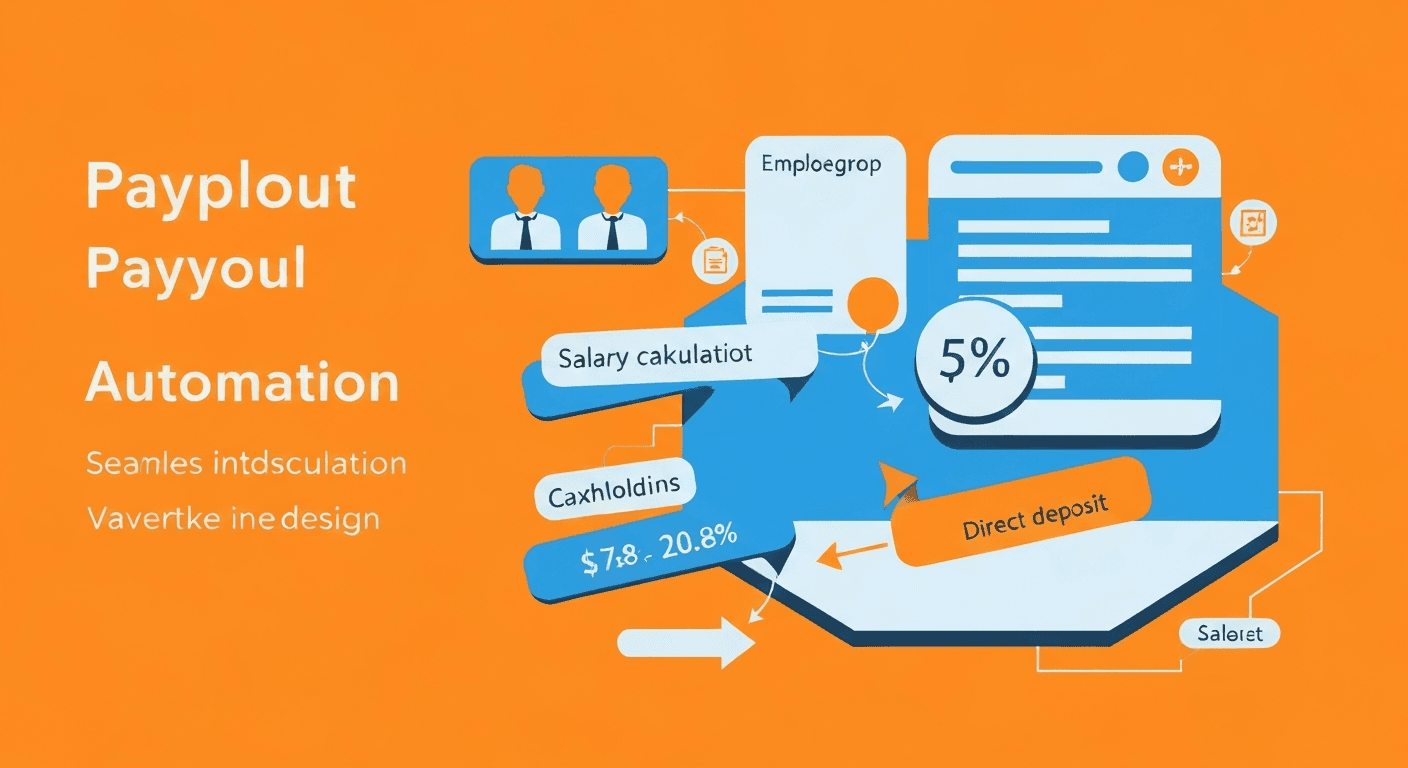 Flat modern illustration of a payroll automation dashboard displaying employee pay schedules, tax withholdings, and direct deposit status