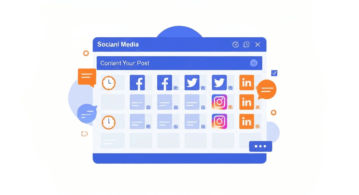 Social media scheduling calendar showing automated posts across multiple platforms