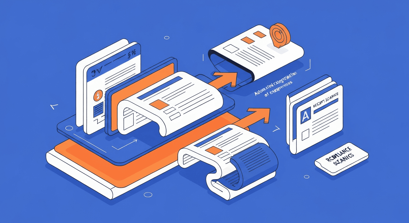 Flat modern illustration of a tax preparation dashboard showing automated deduction tracking, filing deadline reminders, and compliance status indicators