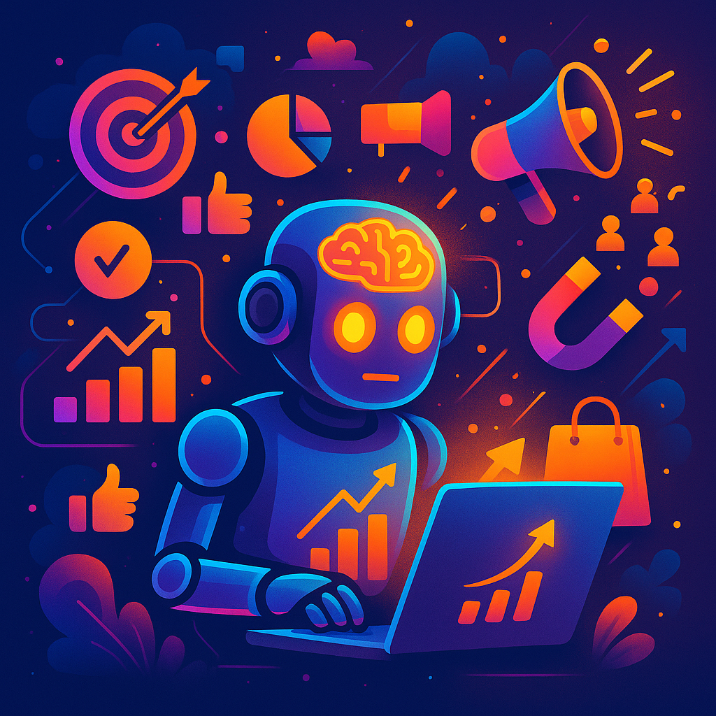 A robot looking at a laptop with marketing automation elements surrounding it.