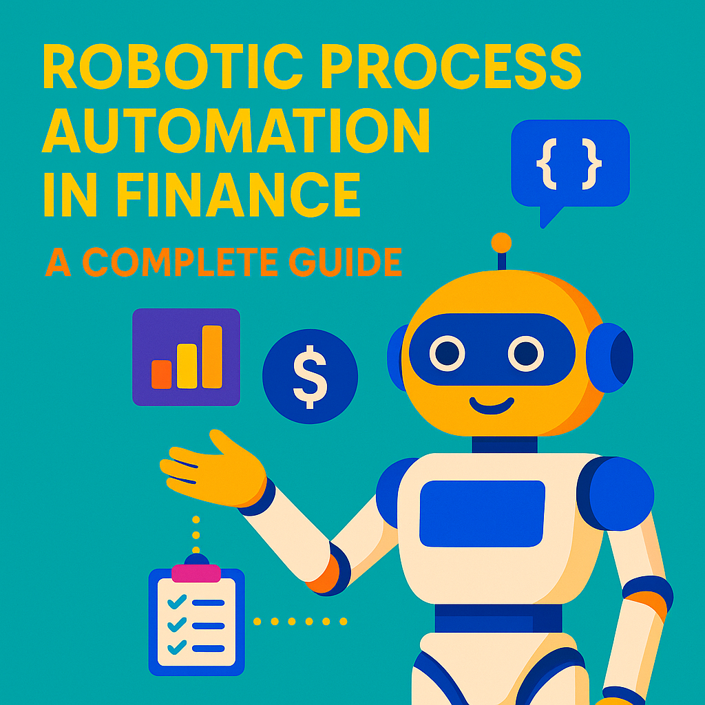 A friendly looking robot with the blog title above it surrounded by  automation symbols.