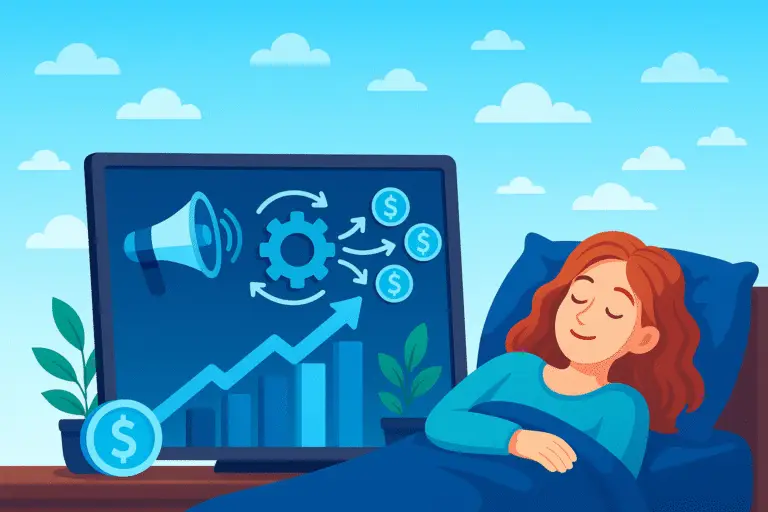 Symbols of automation and affiliate marketing on a laptop outdoors witha blue sky.