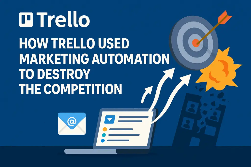 Elements of marketing automation and the post title text on a blue backghround.