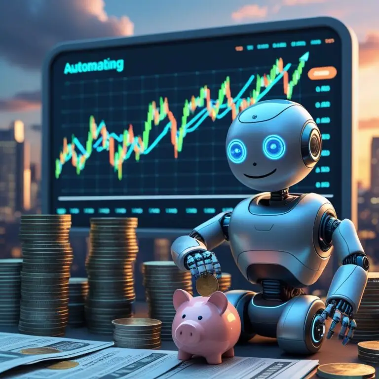 A robot sat infront of a trading screen putting money into a piggy bank.