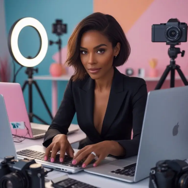 A woman using content repurposing AI and working whilst looking at the camera.