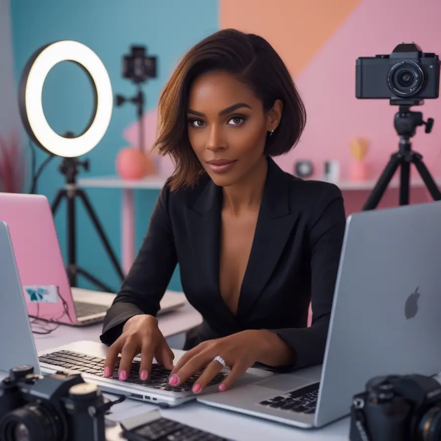 A woman using content repurposing AI and working whilst looking at the camera.