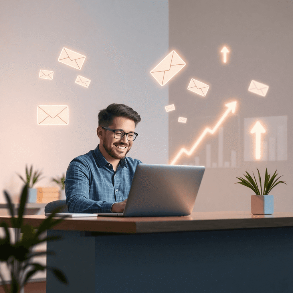 A man sat looking at a laptop whilst email and automation symbols flow around him.